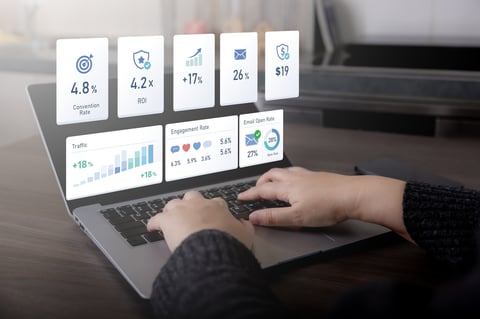 Business professional analyzing digital marketing analytics dashboard